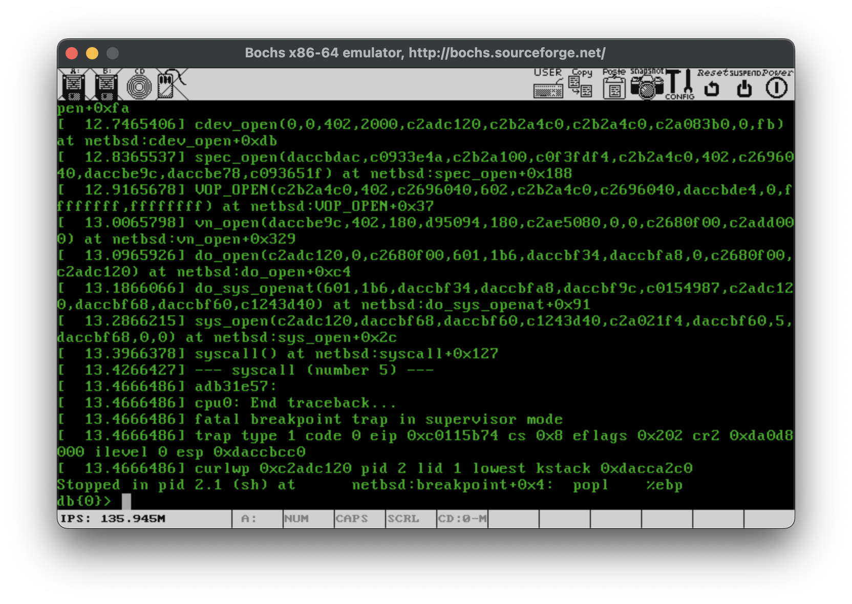 Screenshot of Bochs emulator showing NetBSD Kernel Panic